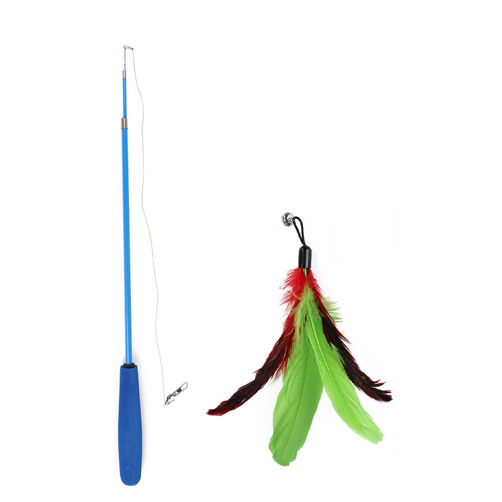 Interactive Toy Feather Teaser with Stick and Retractable Feather/Bell
