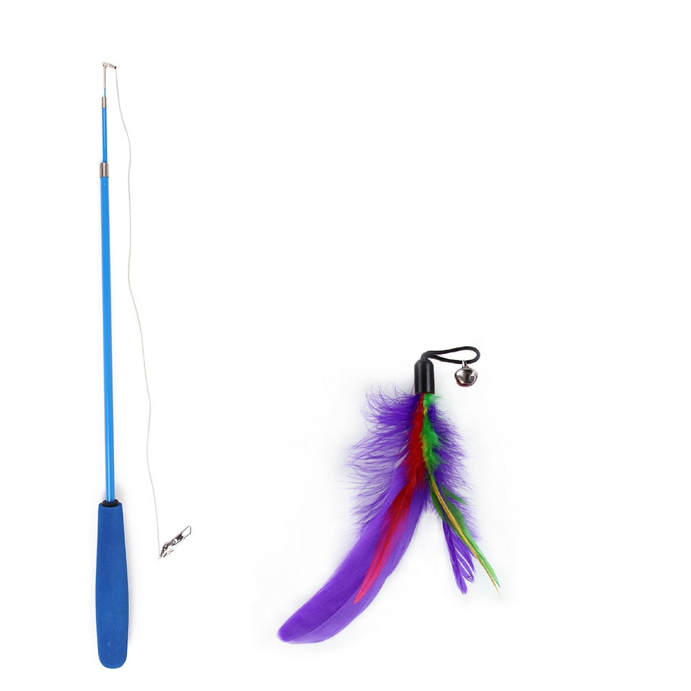 Interactive Toy Feather Teaser with Stick and Retractable Feather/Bell