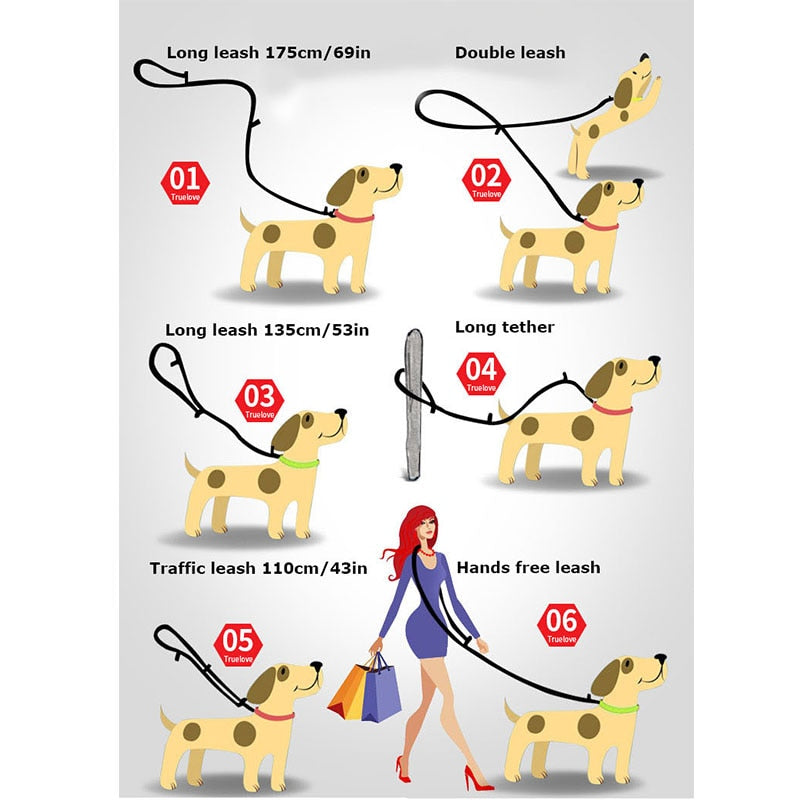 Truelove 7 In 1 Multi-Function Adjustable Dog Lead Hand Free Pet Training Lead Reflective Multi-Purpose Dog Lead