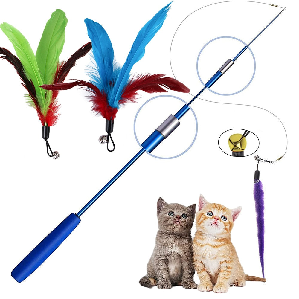 Interactive Toy Feather Teaser with Stick and Retractable Feather/Bell