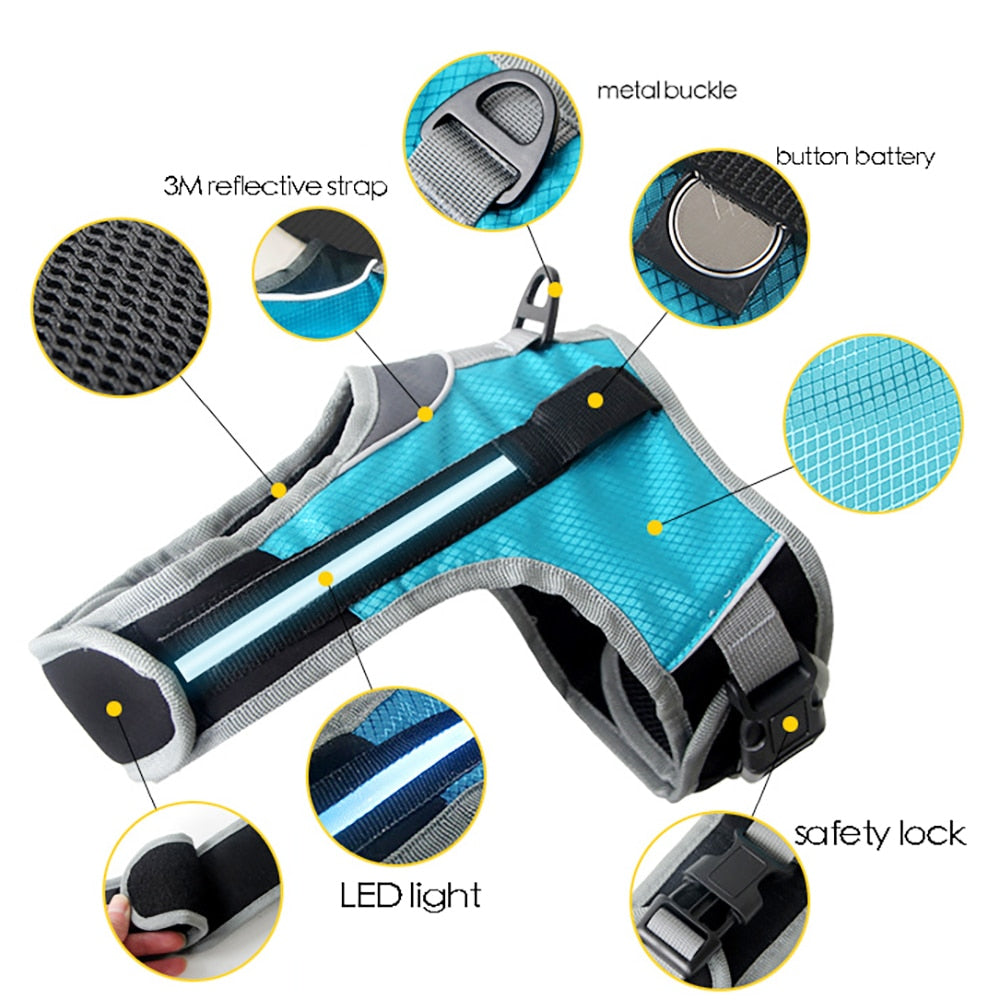 LED Luminous Dog Harness Light Up Dog Chest Strap Pet Safety Reflective