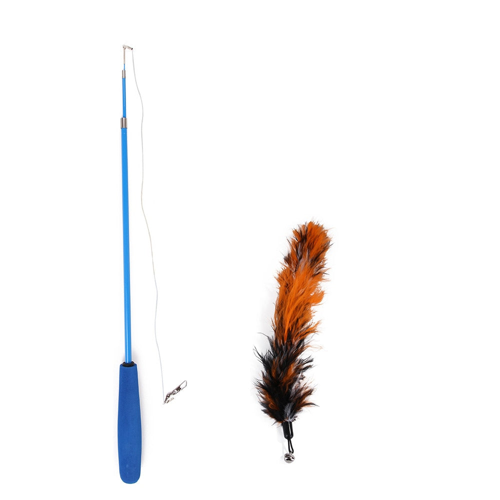 Interactive Toy Feather Teaser with Stick and Retractable Feather/Bell