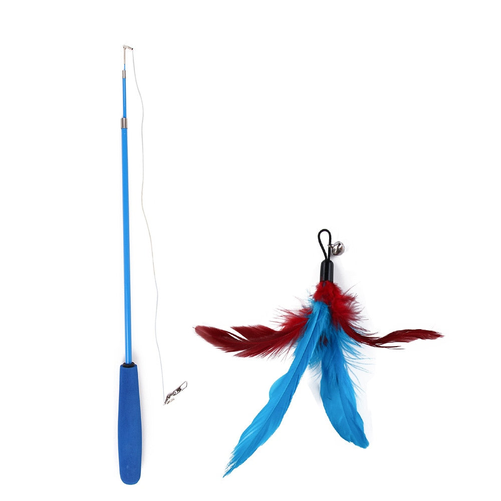 Interactive Toy Feather Teaser with Stick and Retractable Feather/Bell
