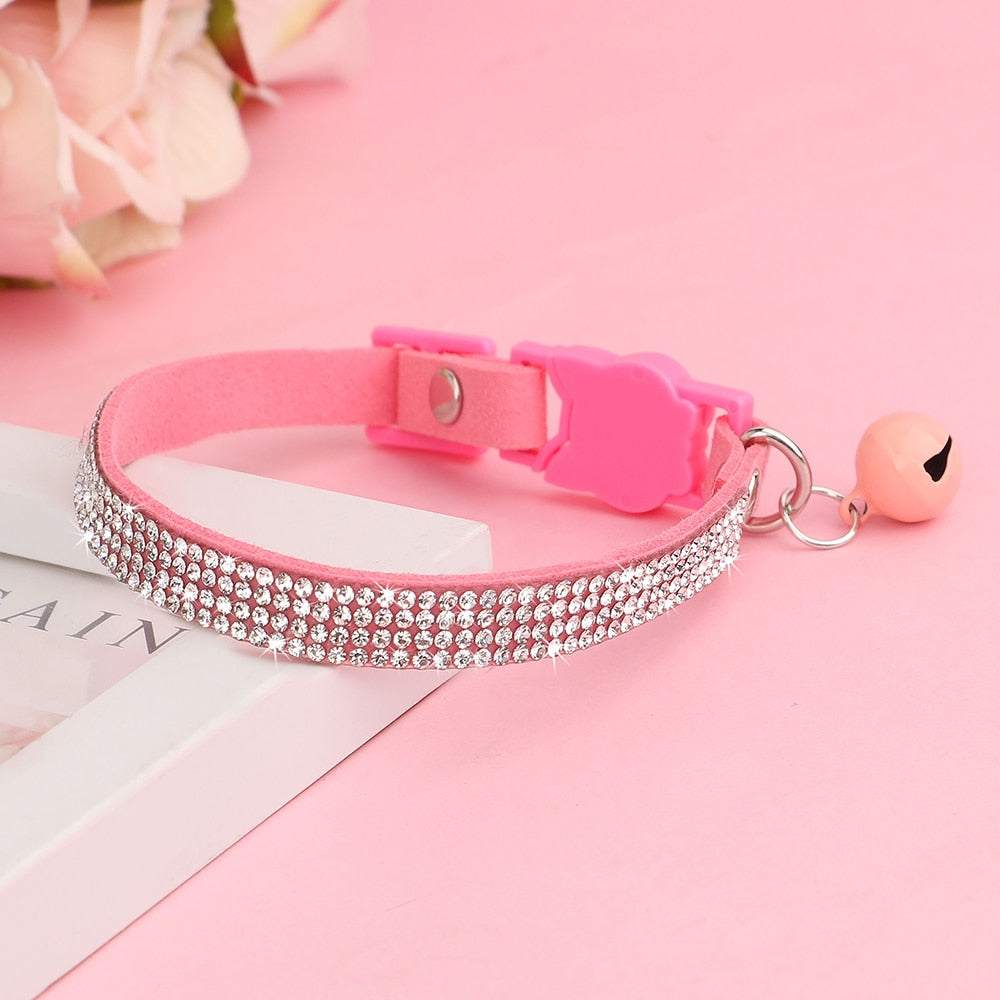 Soft Suede Leather Cat Collar with Bling Rhinestone & Bell