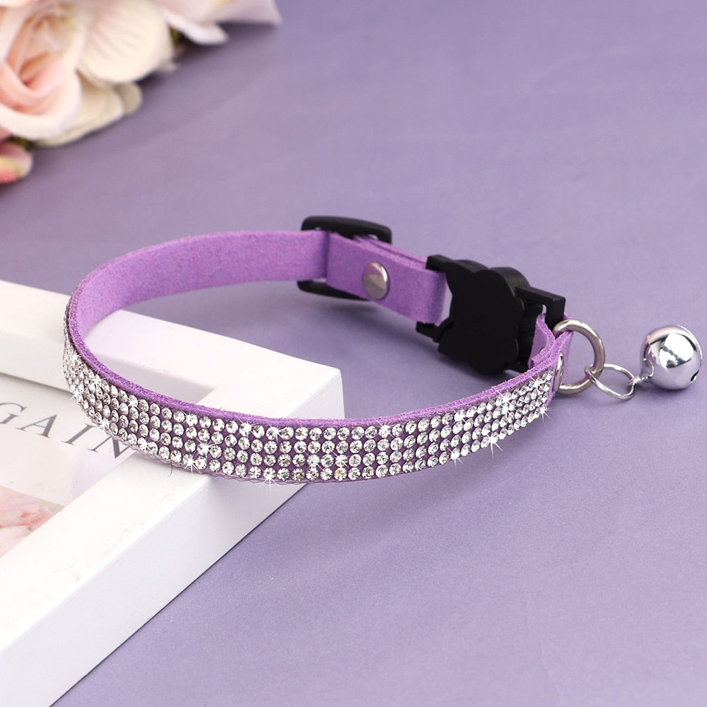 Soft Suede Leather Cat Collar with Bling Rhinestone & Bell