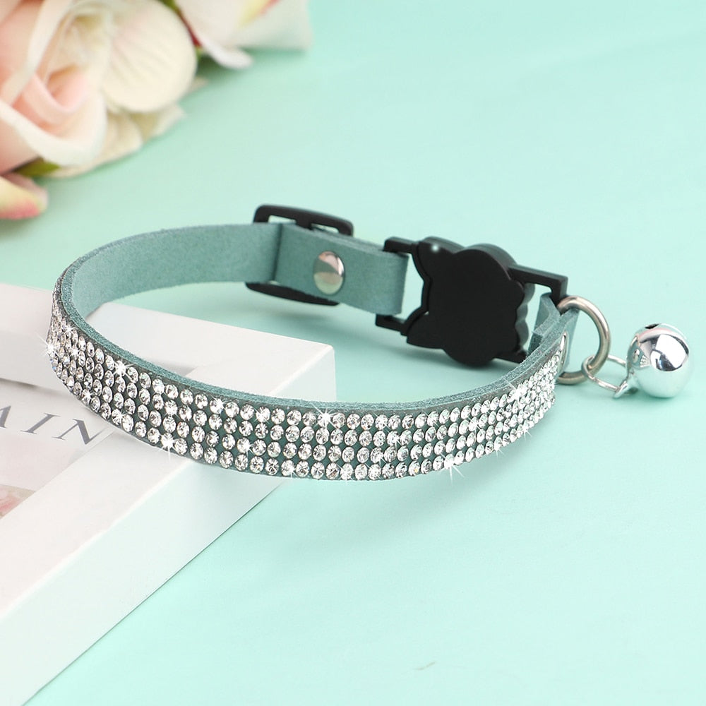 Soft Suede Leather Cat Collar with Bling Rhinestone & Bell