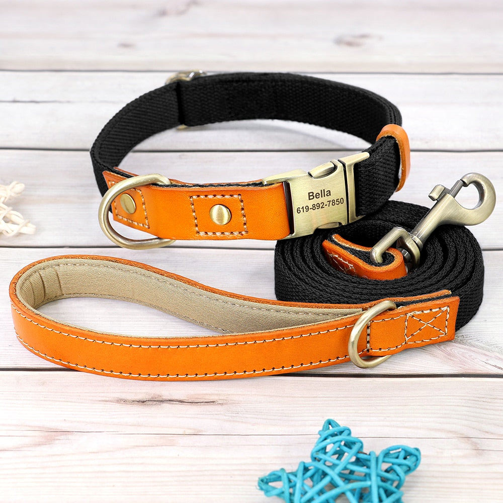Nylon Custom Dogs Puppies Collar & Lead Set Personalized Genuine Leather