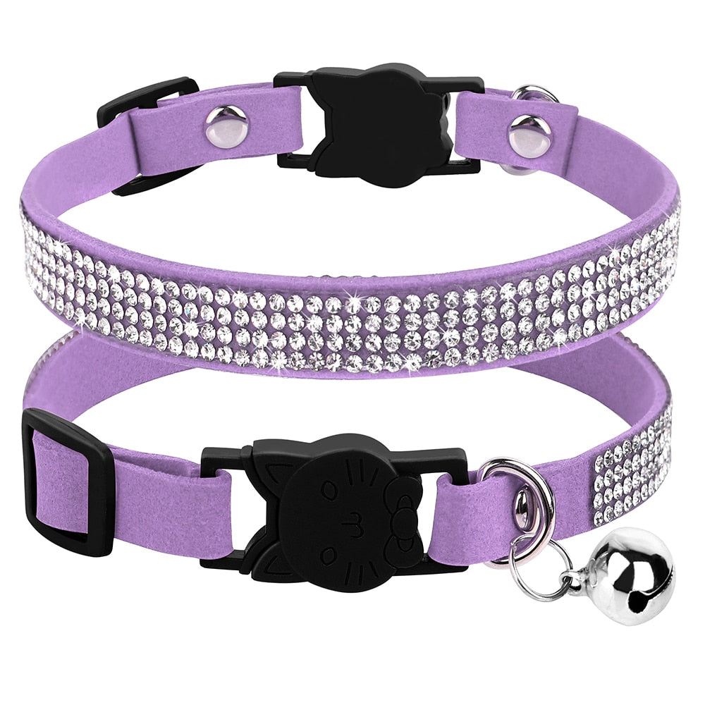 Soft Suede Leather Cat Collar with Bling Rhinestone & Bell