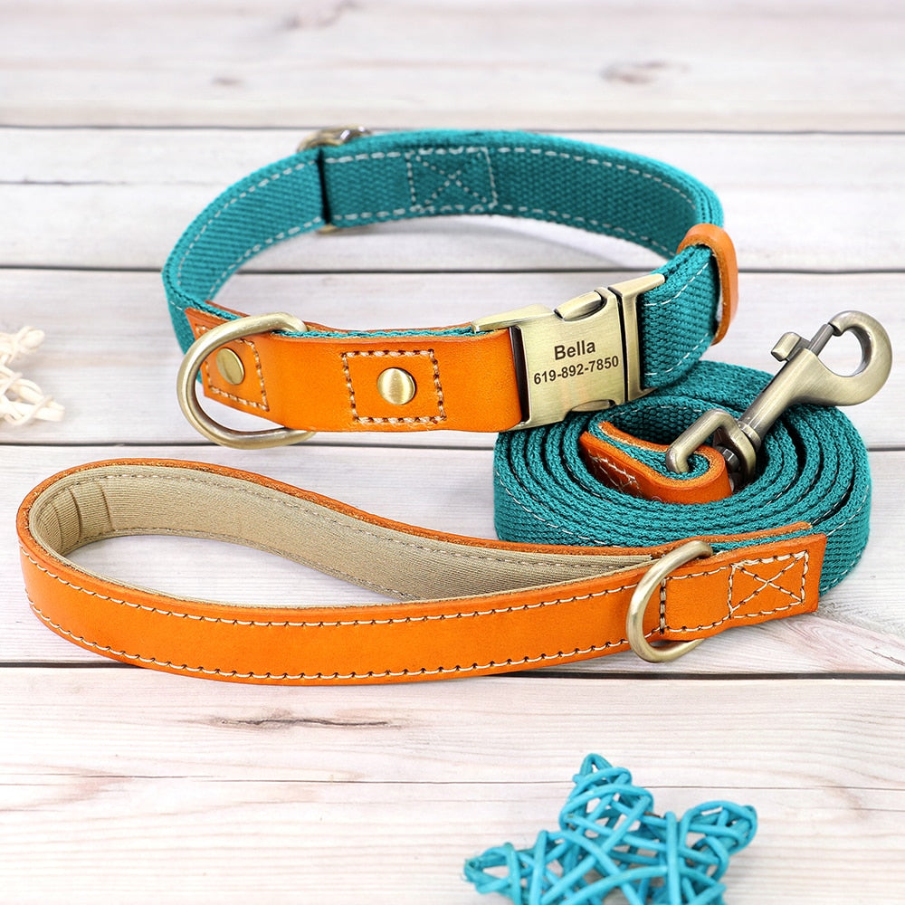 Nylon Custom Dogs Puppies Collar & Lead Set Personalized Genuine Leather