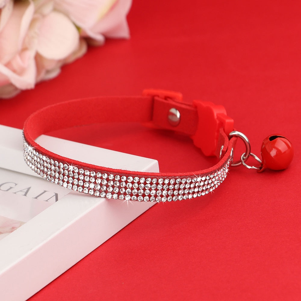 Soft Suede Leather Cat Collar with Bling Rhinestone & Bell