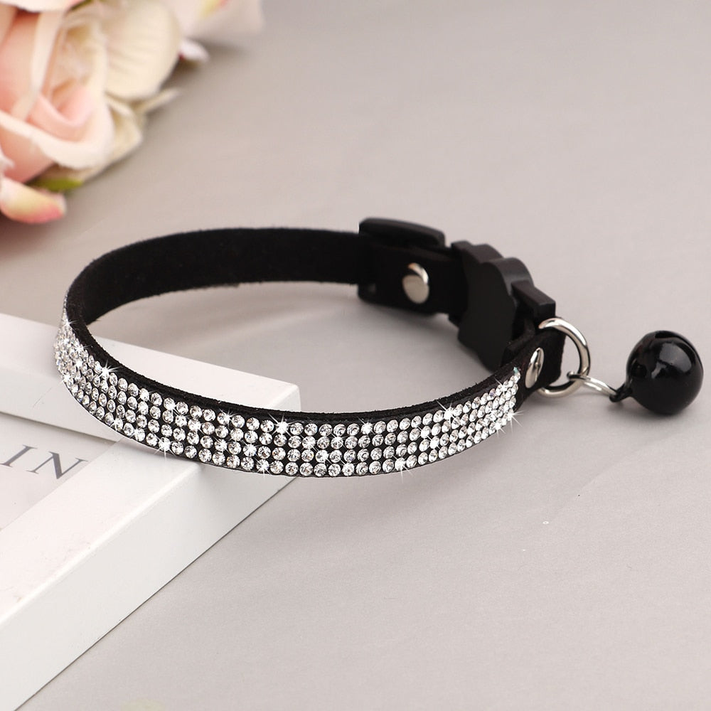 Soft Suede Leather Cat Collar with Bling Rhinestone & Bell
