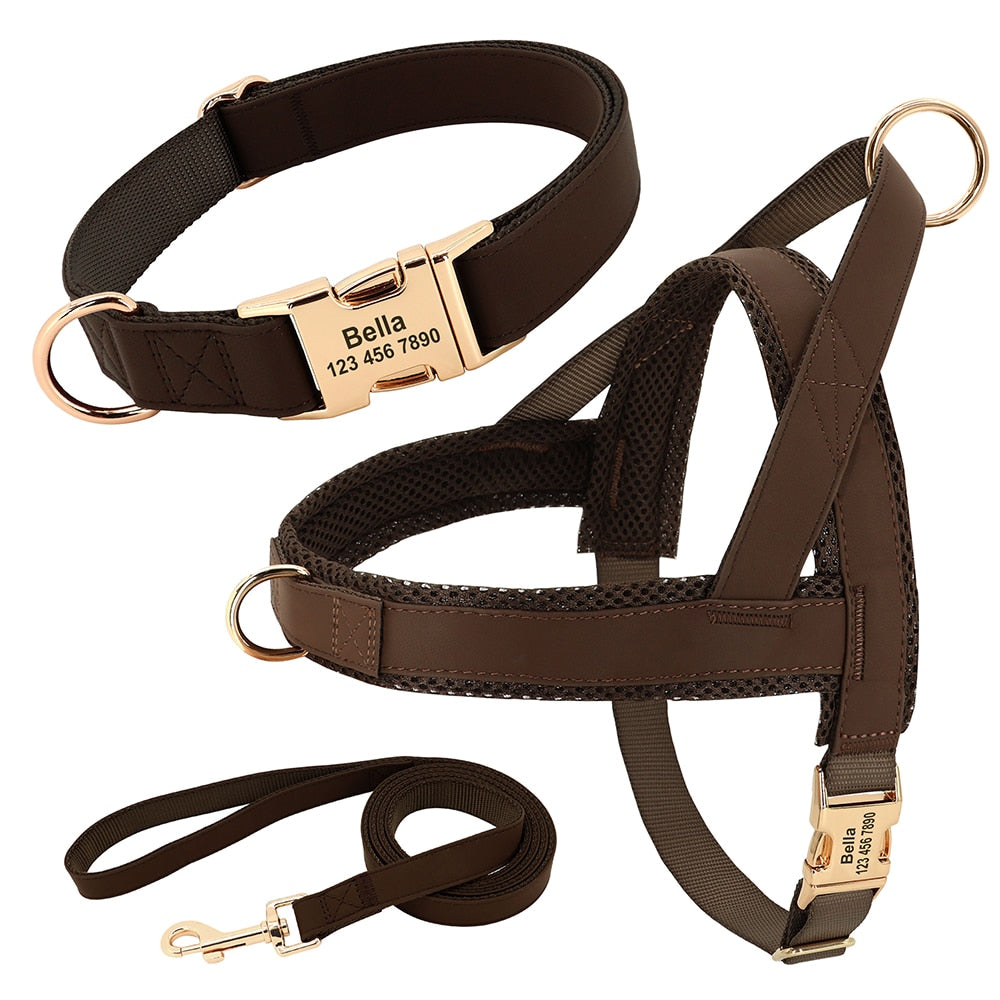 Customized Leather Dog Collar, Harness & Lead Set Personalised For Small Medium Large Dogs