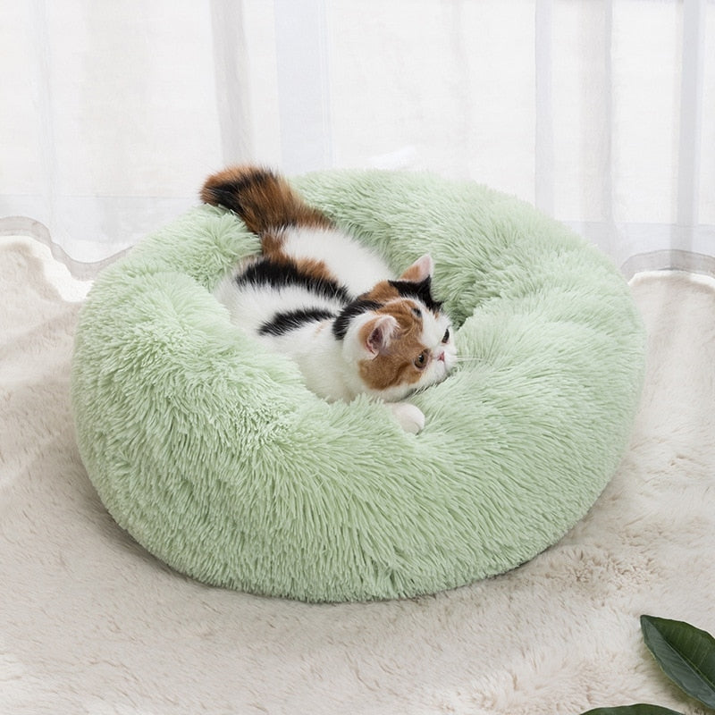 Soft Shaggy Comfy Round Nest Cat Bed Removable Machine Washable Pillow