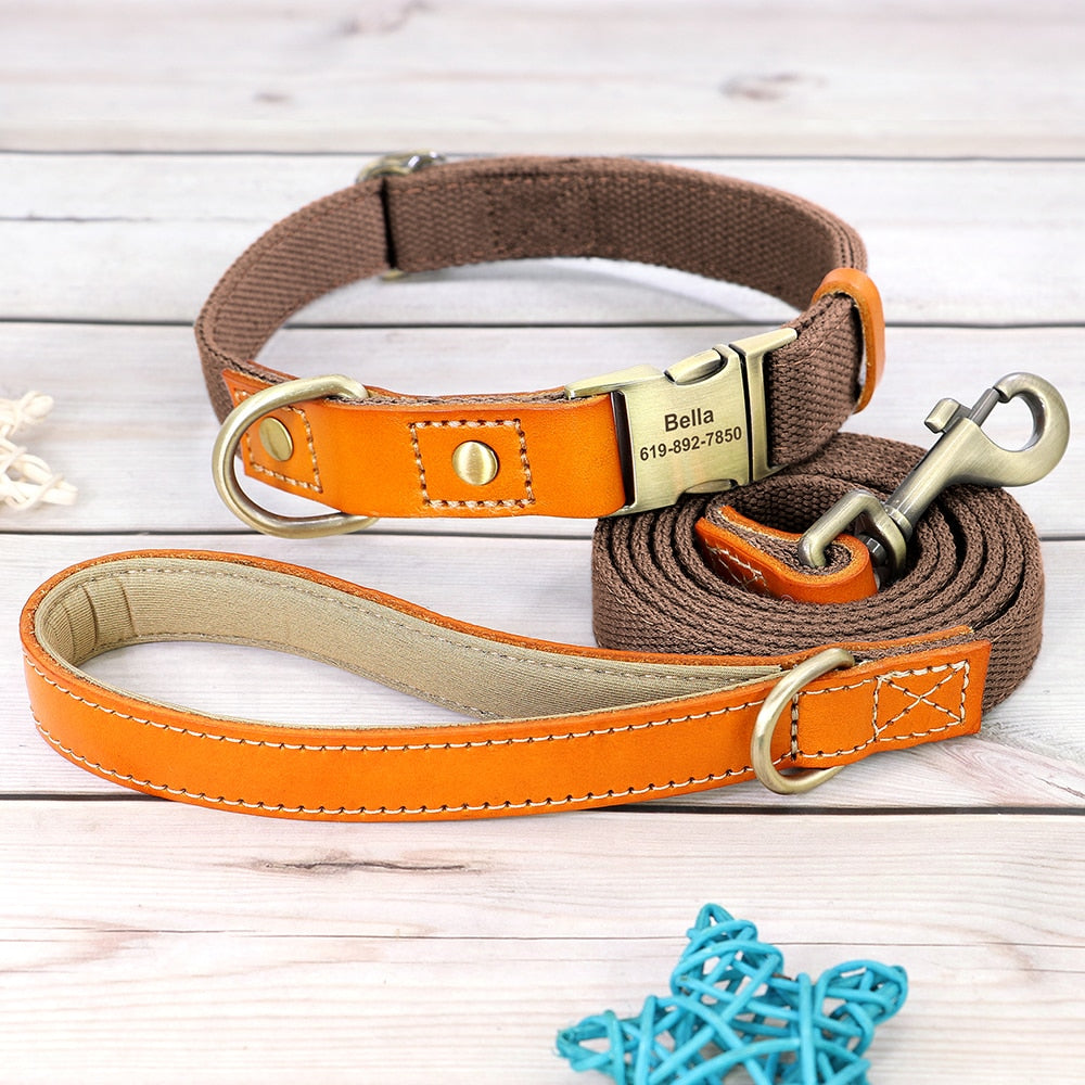 Nylon Custom Dogs Puppies Collar & Lead Set Personalized Genuine Leather