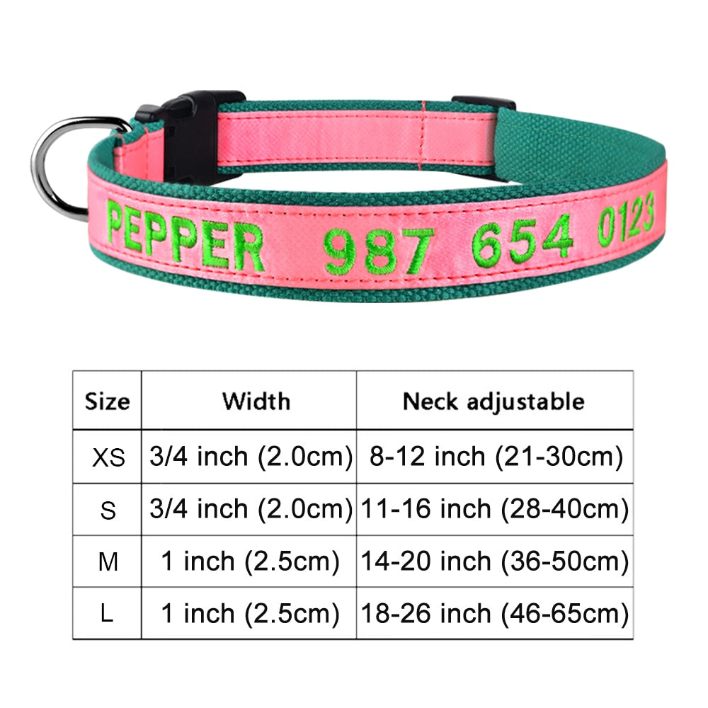Adjustable Nylon Dog Collar with Embroidered Name(Available in range of colours and sizes)