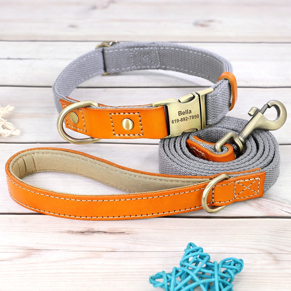 Nylon Custom Dogs Puppies Collar & Lead Set Personalized Genuine Leather