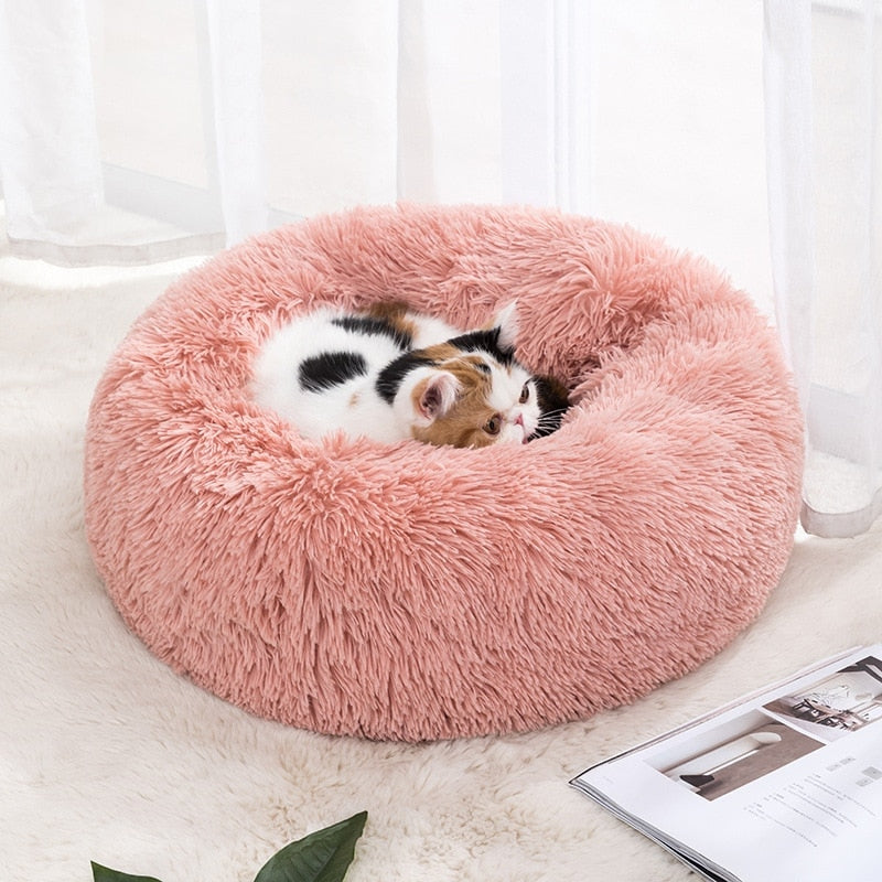 Soft Shaggy Comfy Round Nest Cat Bed Removable Machine Washable Pillow