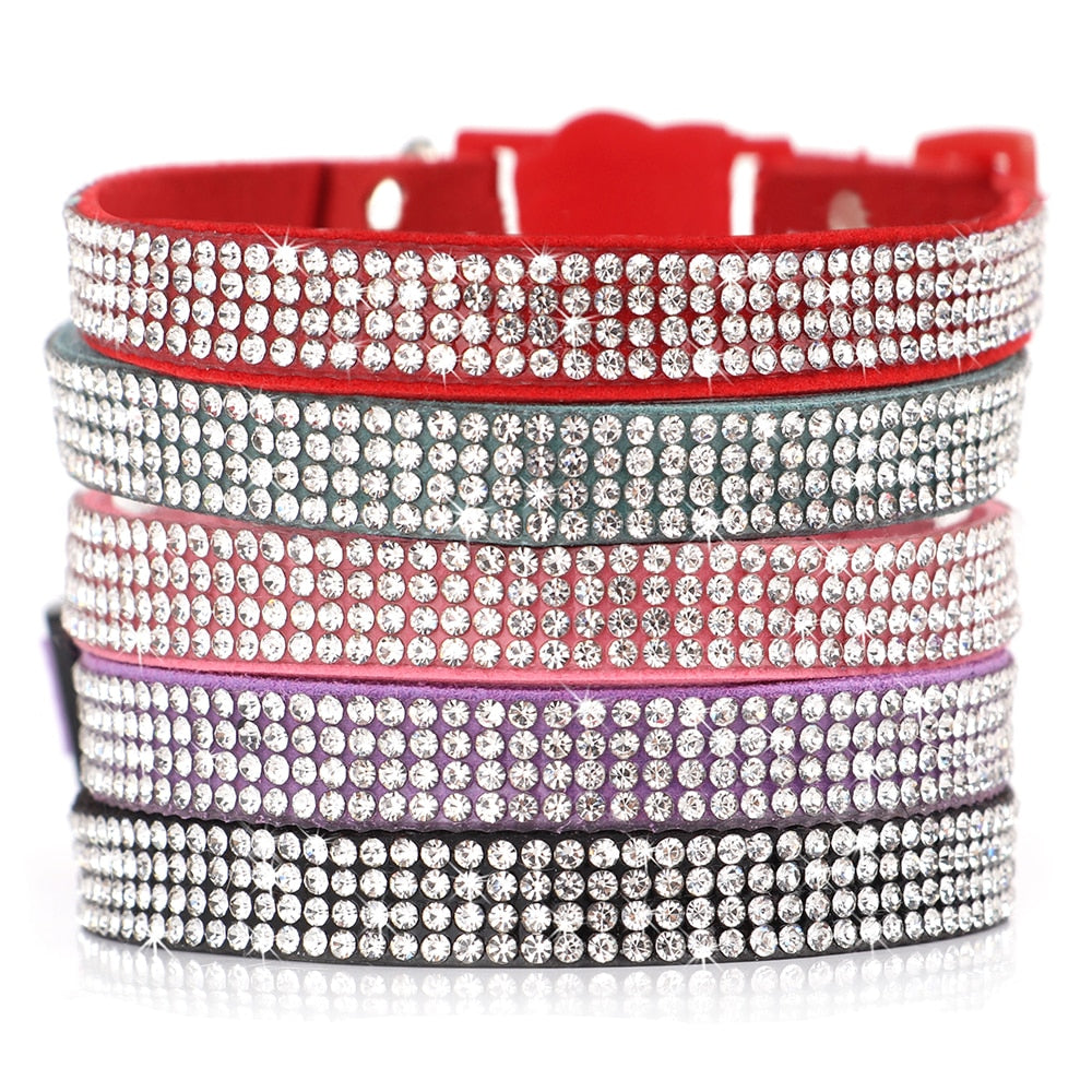 Soft Suede Leather Cat Collar with Bling Rhinestone & Bell