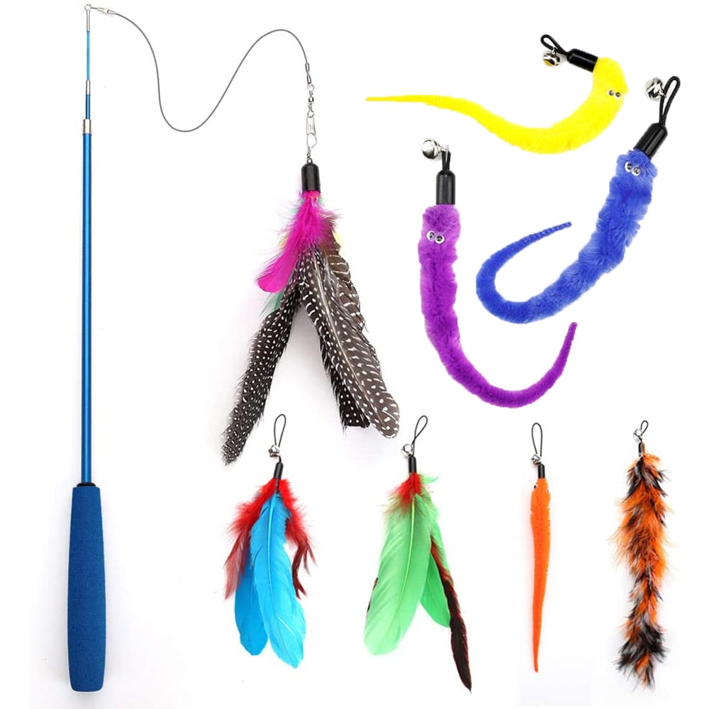 Interactive Toy Feather Teaser with Stick and Retractable Feather/Bell