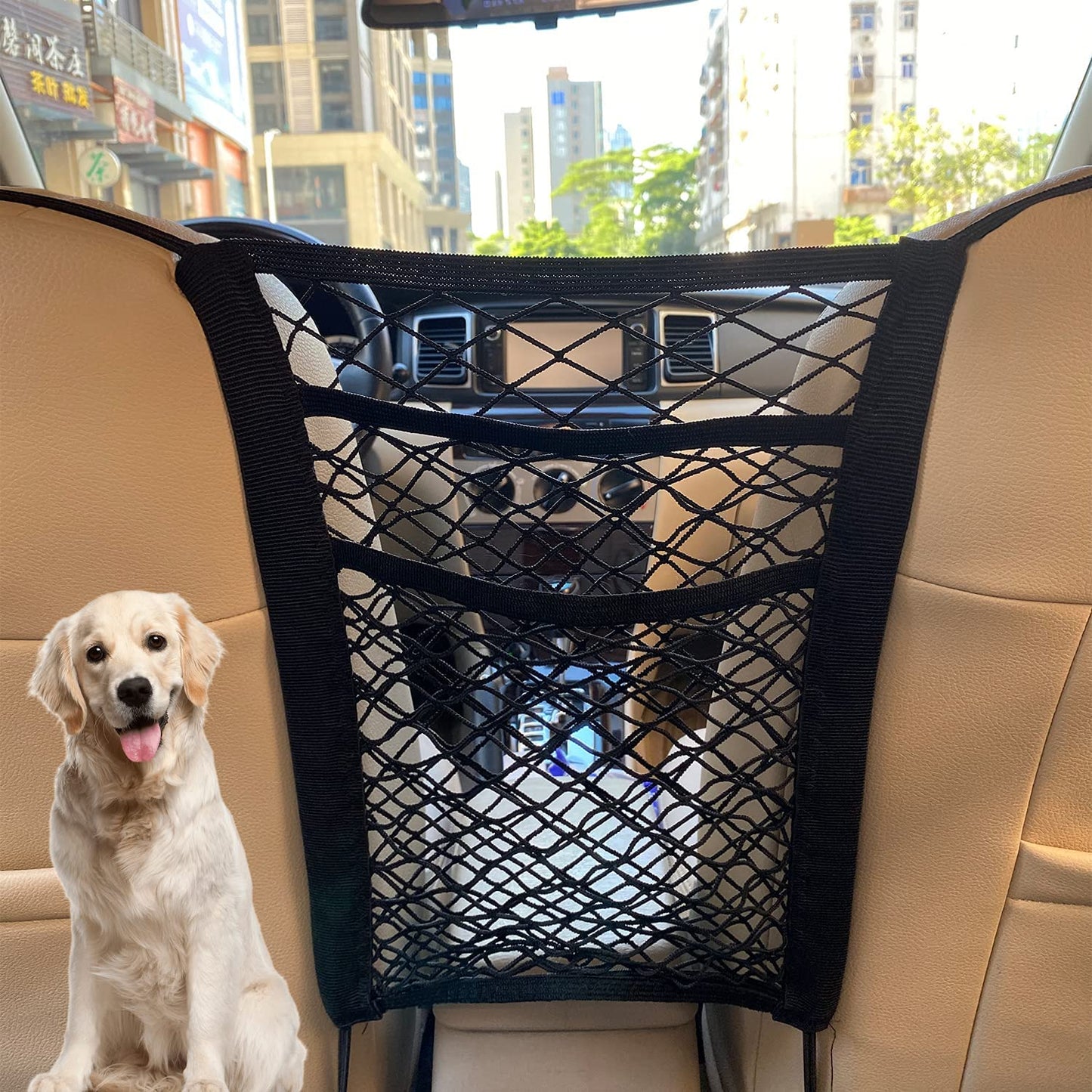 Car Storage Net Bag for Between Seats Pet Barrier Stretchable Elastic Mesh