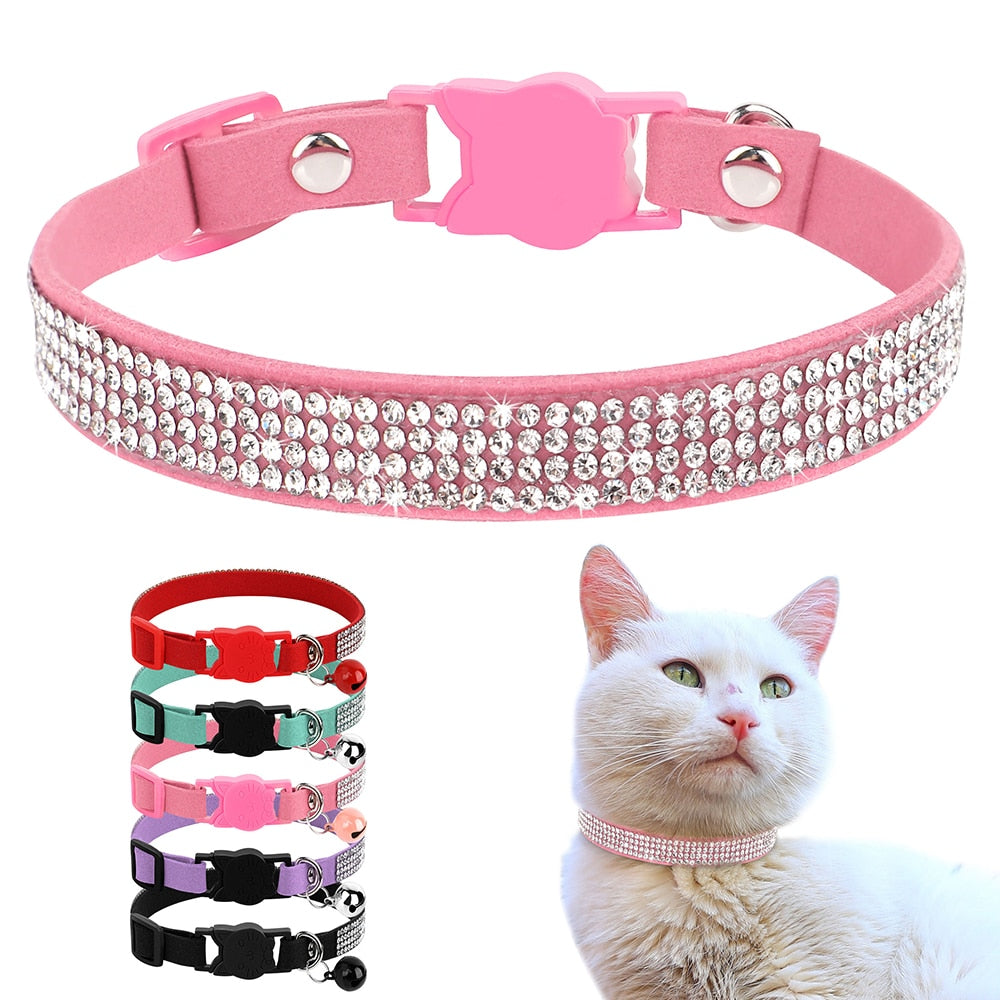 Soft Suede Leather Cat Collar with Bling Rhinestone & Bell
