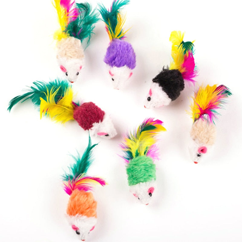Cute Mini Soft Fleece False Mouse Cat Toys with Colorful Feather