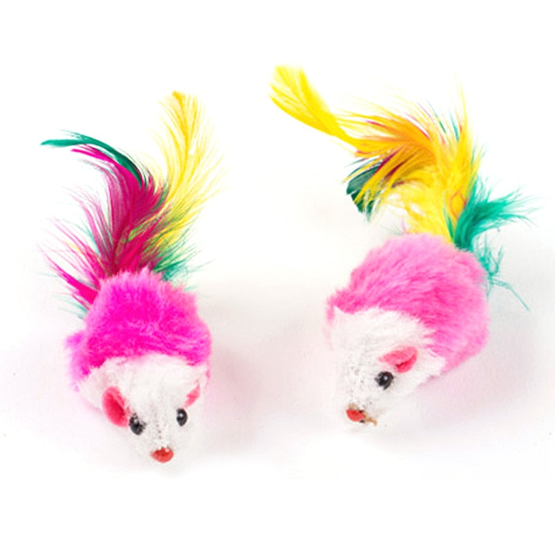 Cute Mini Soft Fleece False Mouse Cat Toys with Colorful Feather