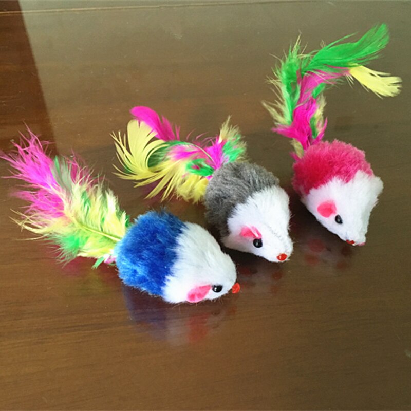 Cute Mini Soft Fleece False Mouse Cat Toys with Colorful Feather