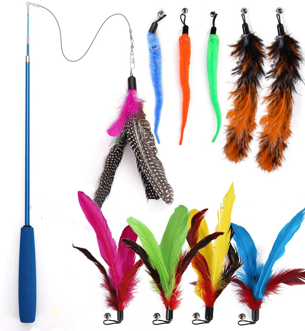 Interactive Toy Feather Teaser with Stick and Retractable Feather/Bell