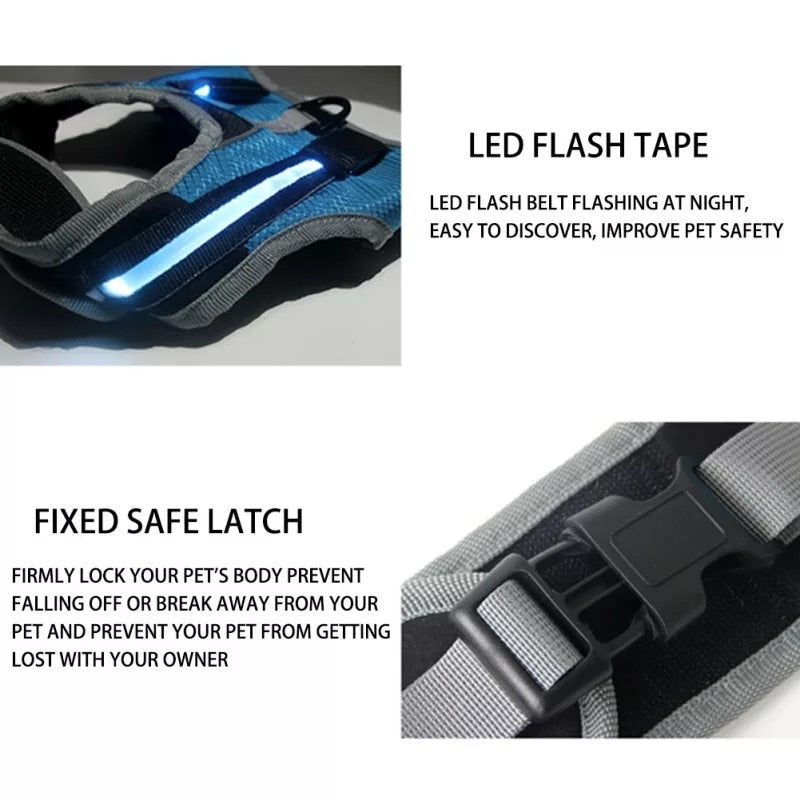 LED Luminous Dog Harness Light Up Dog Chest Strap Pet Safety Reflective