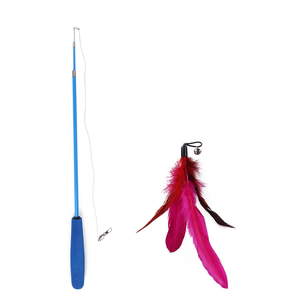 Interactive Toy Feather Teaser with Stick and Retractable Feather/Bell
