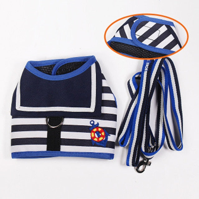 Soft Breathable Navy Style Harness & Lead Set for Small Medium Dogs & Puppies