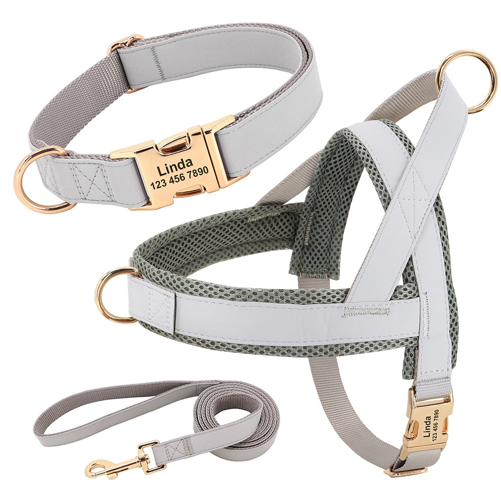 Customized Leather Dog Collar, Harness & Lead Set Personalised For Small Medium Large Dogs