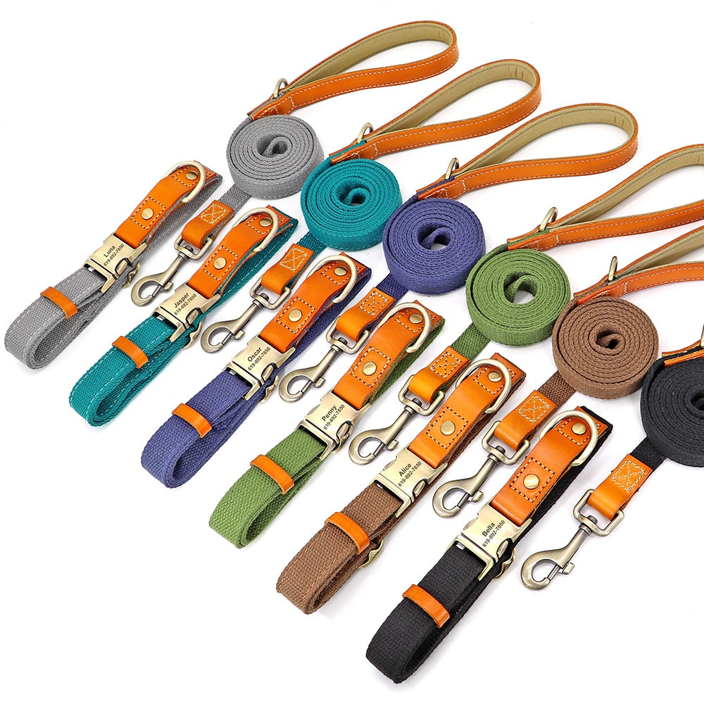Nylon Custom Dogs Puppies Collar & Lead Set Personalized Genuine Leather