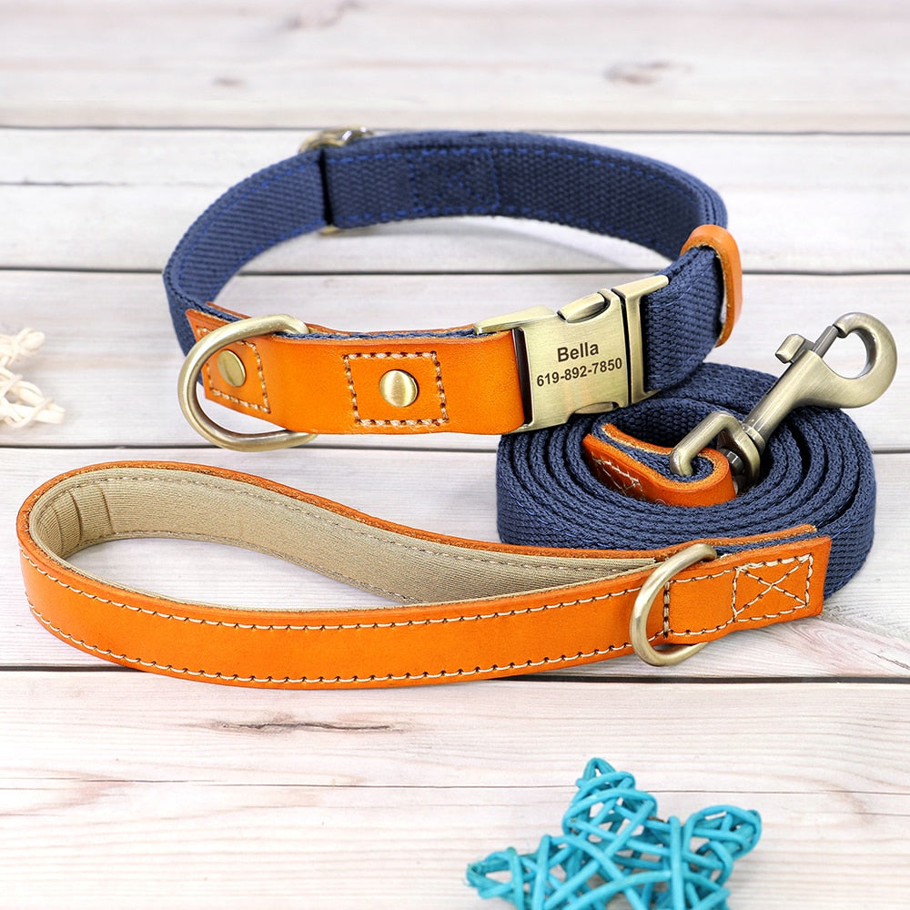 Nylon Custom Dogs Puppies Collar & Lead Set Personalized Genuine Leather