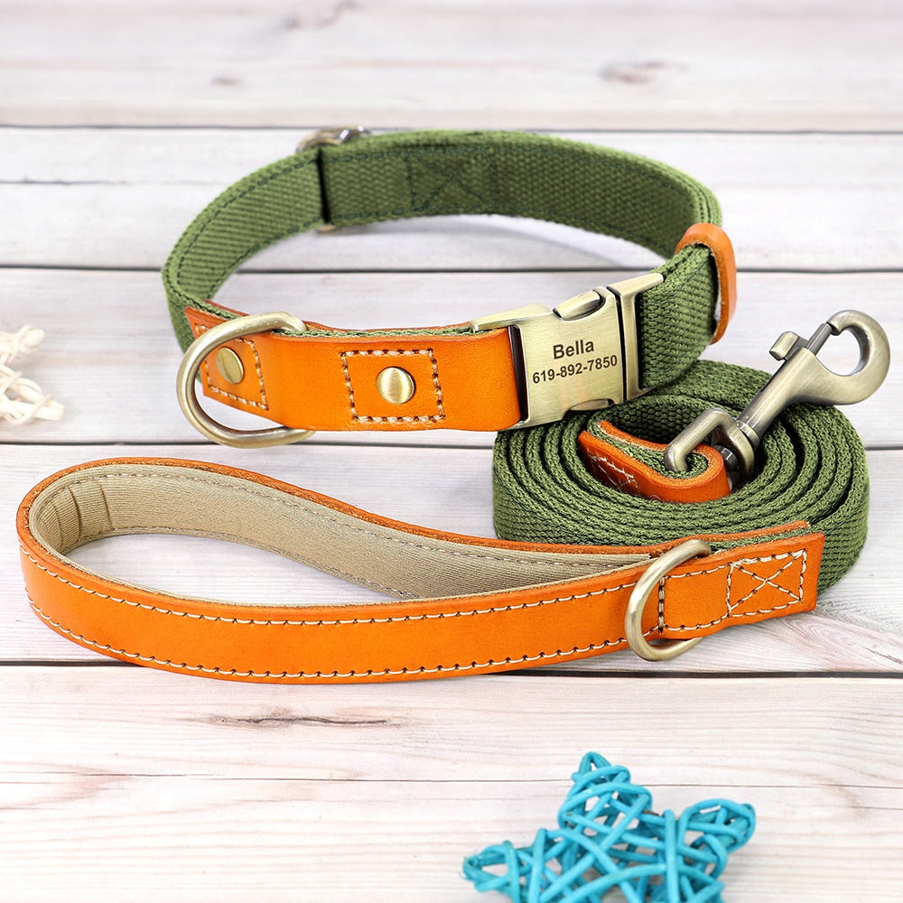 Nylon Custom Dogs Puppies Collar & Lead Set Personalized Genuine Leather