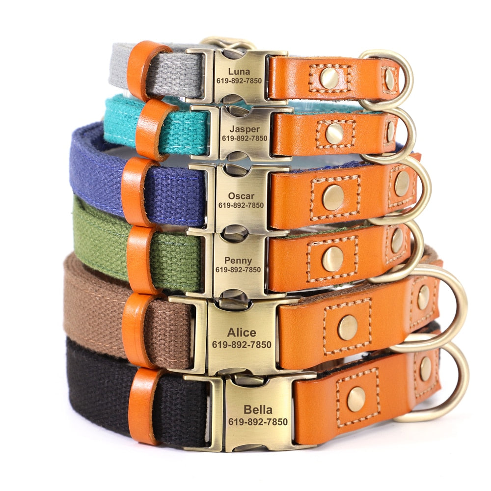 Nylon Custom Dogs Puppies Collar & Lead Set Personalized Genuine Leather