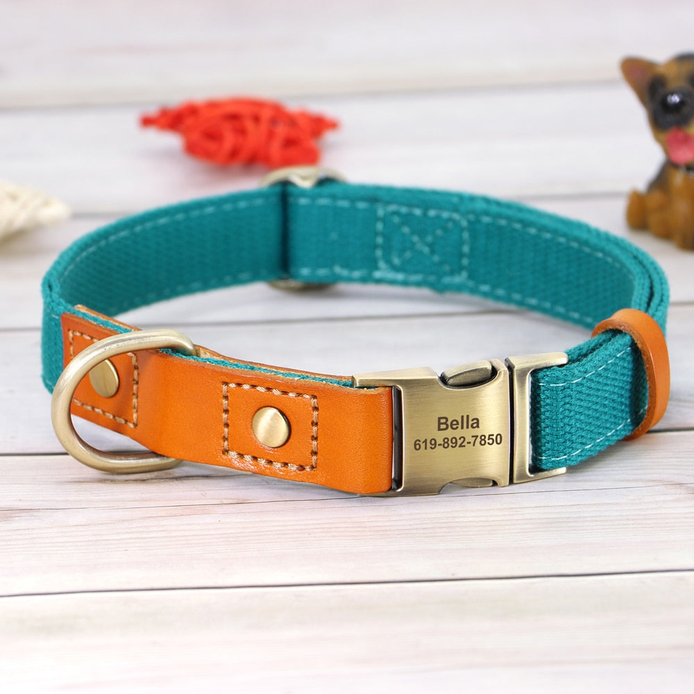 Nylon Custom Dogs Puppies Collar & Lead Set Personalized Genuine Leather