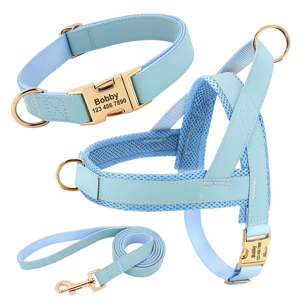 Customized Leather Dog Collar, Harness & Lead Set Personalised For Small Medium Large Dogs