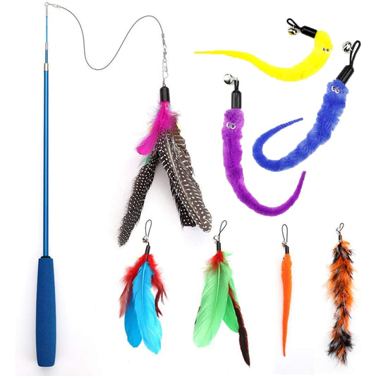 Interactive Toy Feather Teaser with Stick and Retractable Feather/Bell