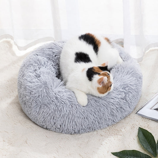 Soft Shaggy Comfy Round Nest Cat Bed Removable Machine Washable Pillow