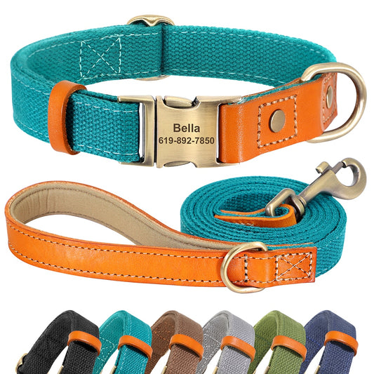 Nylon Custom Dogs Puppies Collar & Lead Set Personalized Genuine Leather
