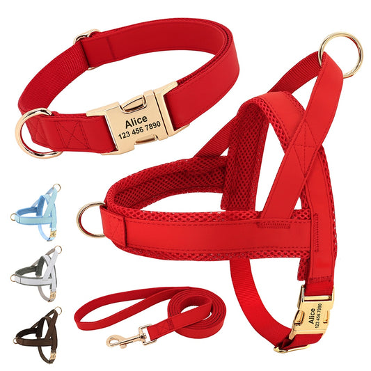 Customized Leather Dog Collar, Harness & Lead Set Personalised For Small Medium Large Dogs